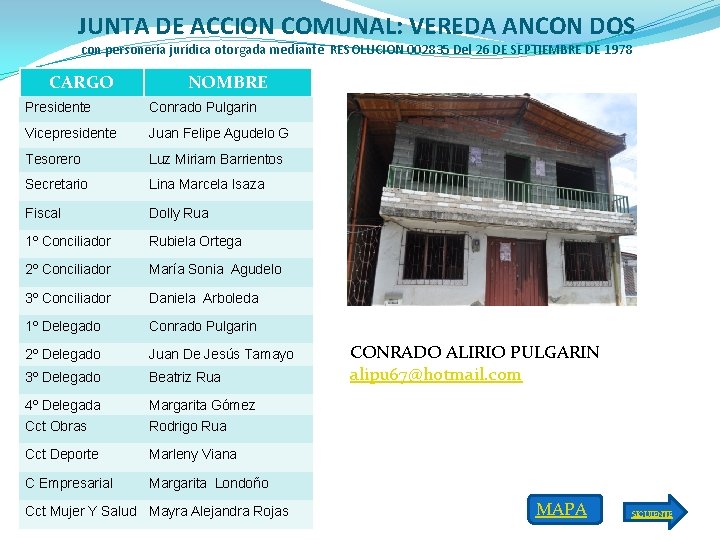 JUNTA DE ACCION COMUNAL: VEREDA ANCON DOS con personería jurídica otorgada mediante RESOLUCION 002835