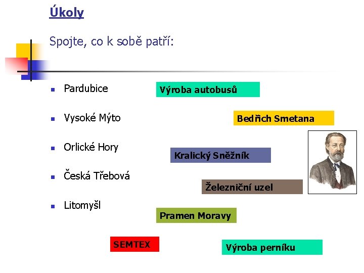 Úkoly Spojte, co k sobě patří: n Pardubice n Vysoké Mýto n Orlické Hory