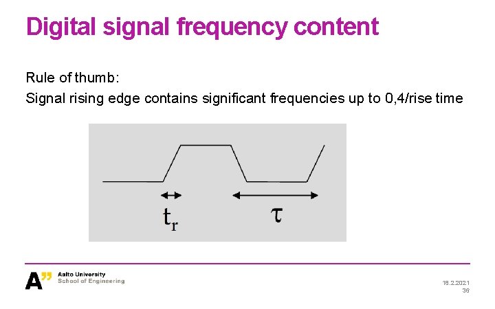 Digital signal frequency content Rule of thumb: Signal rising edge contains significant frequencies up Digital signal frequency content Rule of thumb: Signal rising edge contains significant frequencies up