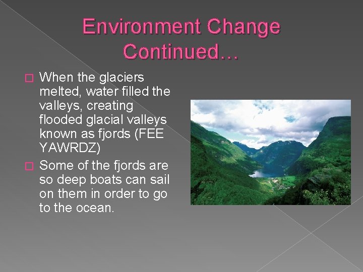 Environment Change Continued… When the glaciers melted, water filled the valleys, creating flooded glacial