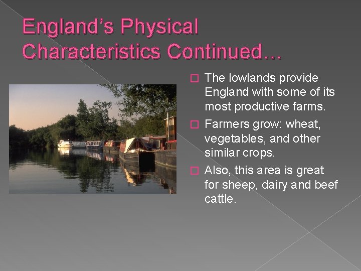 England’s Physical Characteristics Continued… The lowlands provide England with some of its most productive