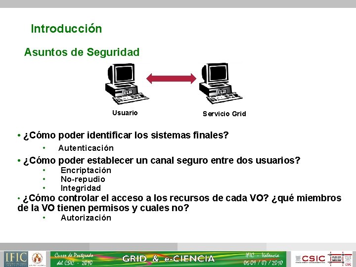 Introducción Asuntos de Seguridad Usuario Servicio Grid • ¿Cómo poder identificar los sistemas finales?