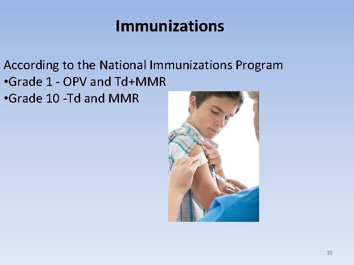  Immunizations According to the National Immunizations Program • Grade 1 - OPV and