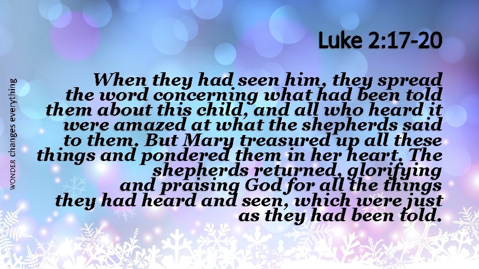 WONDER changes everything Luke 2: 17 -20 When they had seen him, they spread