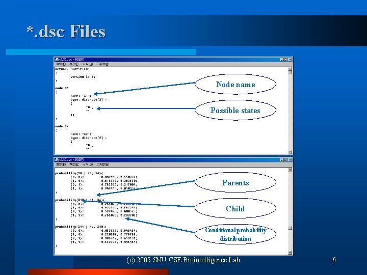 *. dsc Files Node name Possible states Parents Child Conditional probability distribution (c) 2005