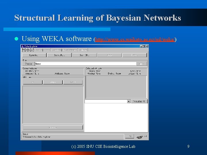 Structural Learning of Bayesian Networks l Using WEKA software (http: //www. cs. waikato. ac.