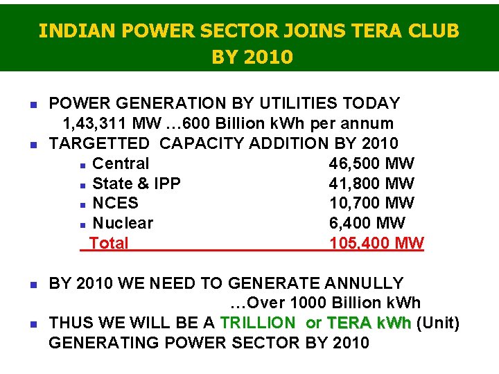 INDIAN POWER SECTOR JOINS TERA CLUB BY 2010 POWER GENERATION BY UTILITIES TODAY 1,