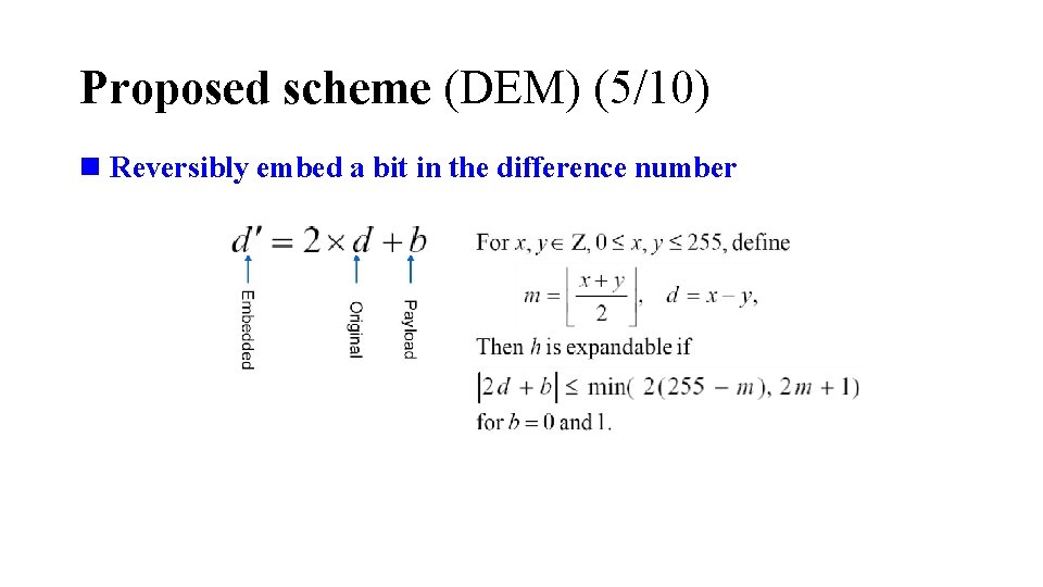 Proposed scheme (DEM) (5/10) n Reversibly embed a bit in the difference number 