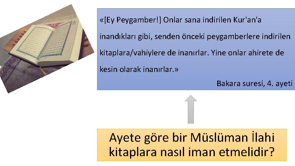  «[Ey Peygamber!] Onlar sana indirilen Kur'an'a inandıkları gibi, senden önceki peygamberlere indirilen kitaplara/vahiylere