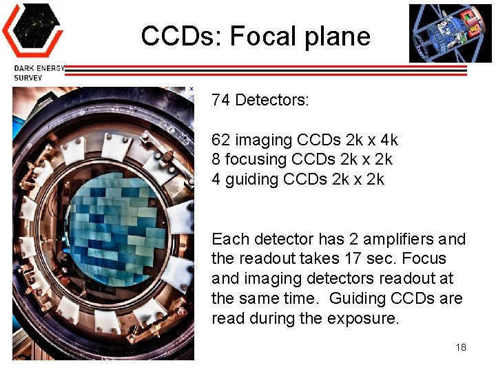 CCDs: Focal plane 74 Detectors: 62 imaging CCDs 2 k x 4 k 8