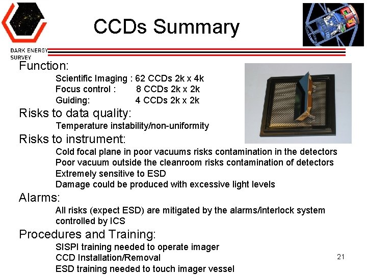 CCDs Summary Function: Scientific Imaging : 62 CCDs 2 k x 4 k Focus