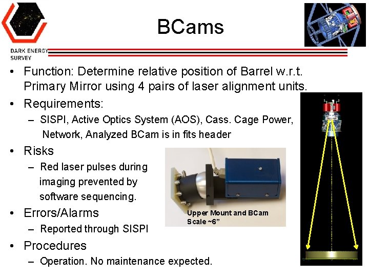 BCams • Function: Determine relative position of Barrel w. r. t. Primary Mirror using