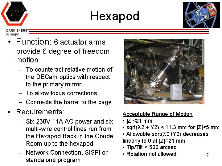 Hexapod • Function: 6 actuator arms provide 6 degree-of-freedom motion – To counteract relative