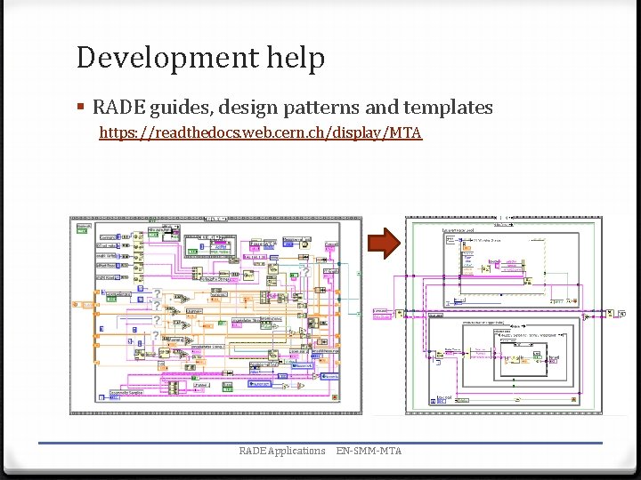 Development help § RADE guides, design patterns and templates https: //readthedocs. web. cern. ch/display/MTA