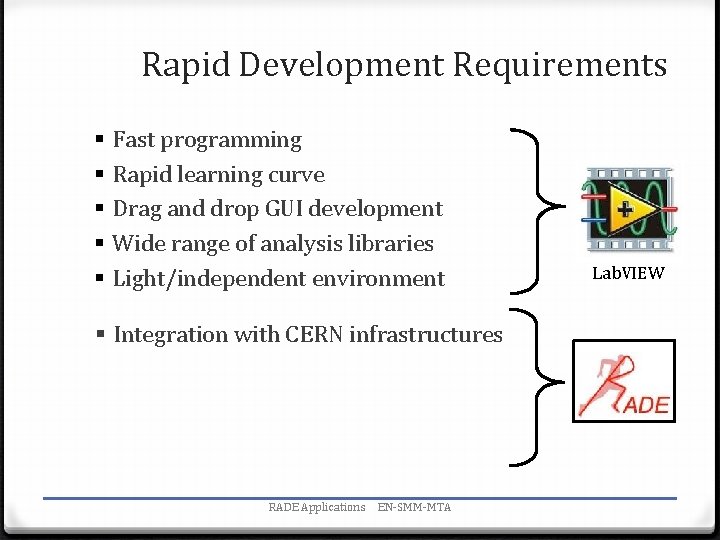 Rapid Development Requirements § Fast programming § Rapid learning curve § Drag and drop