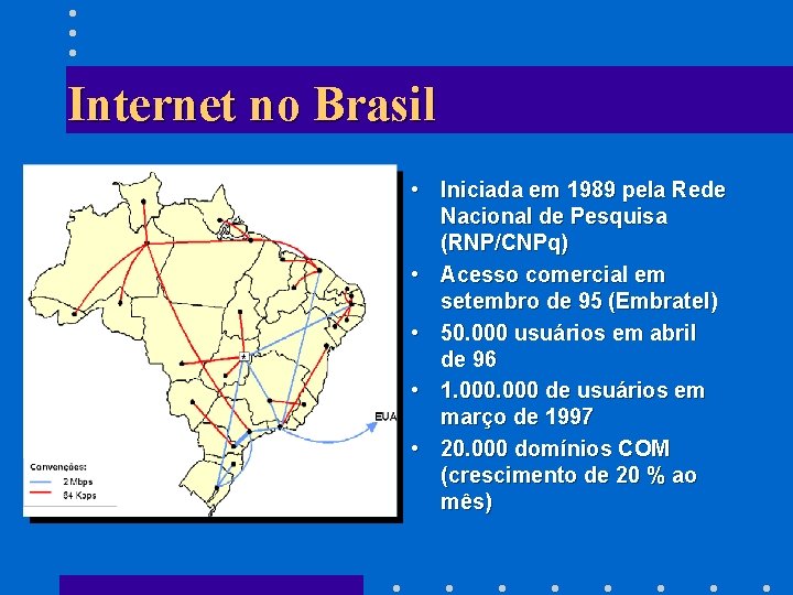 Internet no Brasil • Iniciada em 1989 pela Rede Nacional de Pesquisa (RNP/CNPq) •