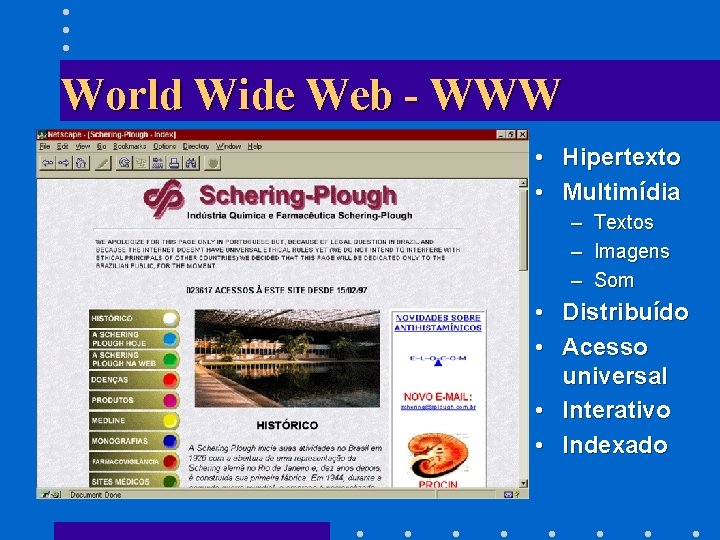 World Wide Web - WWW • Hipertexto • Multimídia – Textos – Imagens –