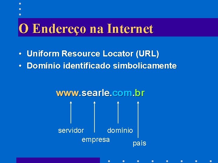 O Endereço na Internet • Uniform Resource Locator (URL) • Domínio identificado simbolicamente www.