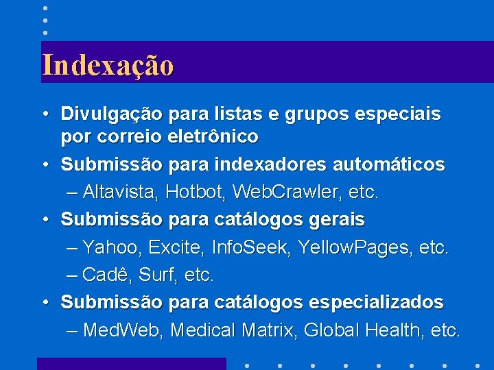 Indexação • Divulgação para listas e grupos especiais por correio eletrônico • Submissão para