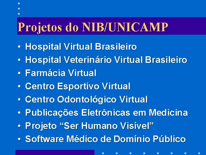 Projetos do NIB/UNICAMP • • Hospital Virtual Brasileiro Hospital Veterinário Virtual Brasileiro Farmácia Virtual