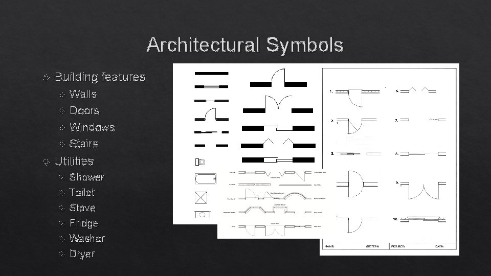 Architectural Symbols Building features Walls Doors Windows Stairs Utilities Shower Toilet Stove Fridge Washer