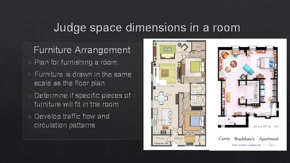 Judge space dimensions in a room Furniture Arrangement Plan for furnishing a room. Furniture