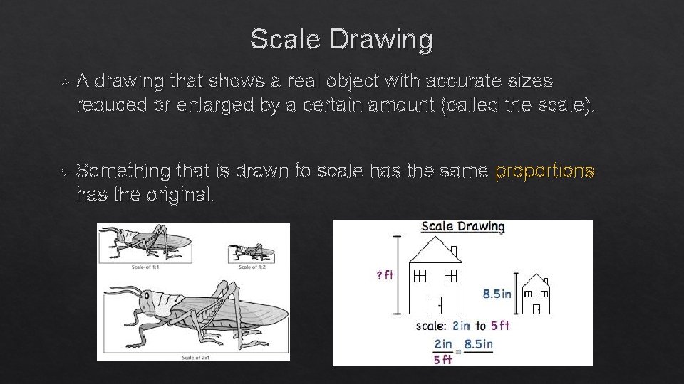 Scale Drawing A drawing that shows a real object with accurate sizes reduced or