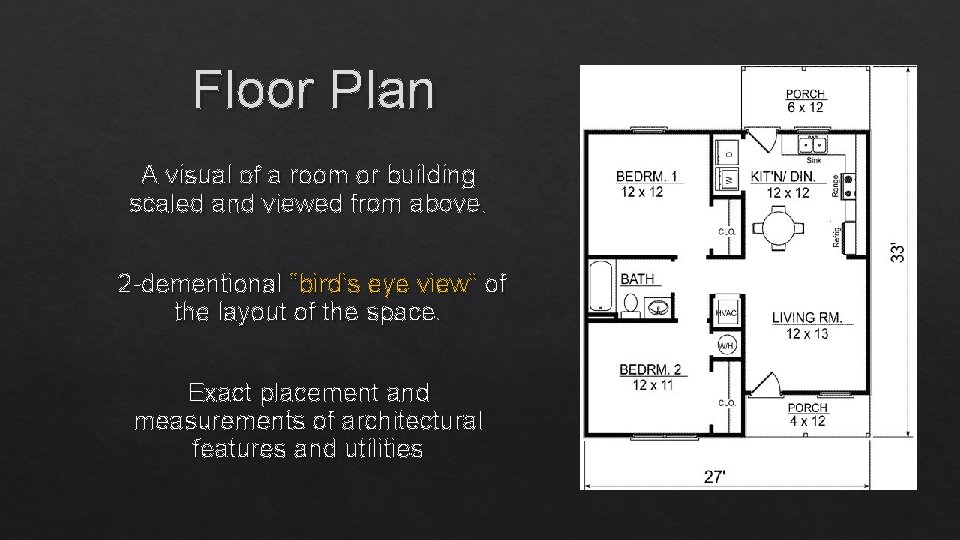 Floor Plan A visual of a room or building scaled and viewed from above.