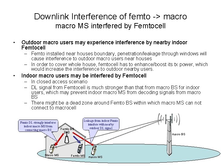 Downlink Interference of femto -> macro MS interfered by Femtocell • Outdoor macro users