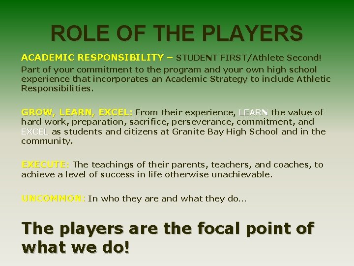 ROLE OF THE PLAYERS ACADEMIC RESPONSIBILITY – STUDENT FIRST/Athlete Second! Part of your commitment