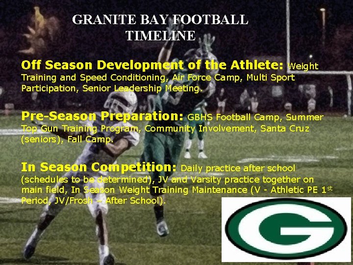 GRANITE BAY FOOTBALL TIMELINE Off Season Development of the Athlete: Weight Training and Speed