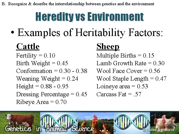 B. Recognize & describe the interrelationship between genetics and the environment Heredity vs Environment