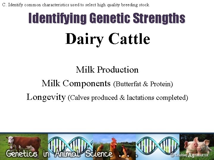 C. Identify common characteristics used to select high quality breeding stock Identifying Genetic Strengths