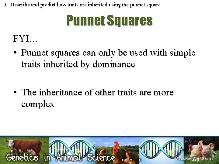 D. Describe and predict how traits are inherited using the punnet square Punnet Squares