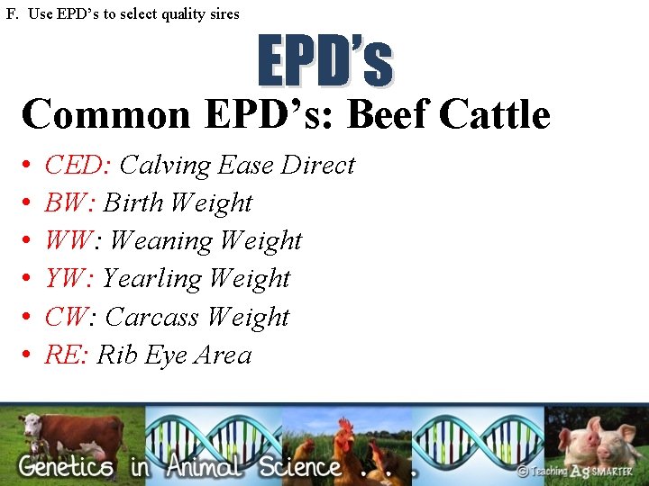 F. Use EPD’s to select quality sires EPD’s Common EPD’s: Beef Cattle • •