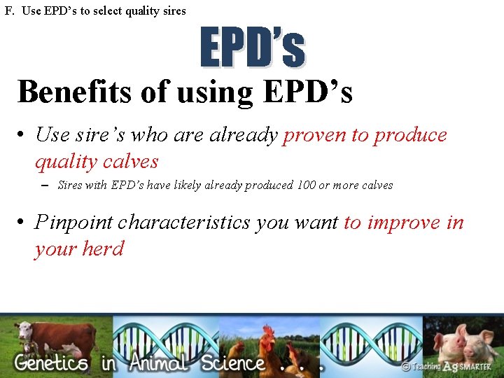 F. Use EPD’s to select quality sires EPD’s Benefits of using EPD’s • Use