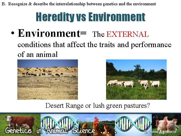 B. Recognize & describe the interrelationship between genetics and the environment Heredity vs Environment