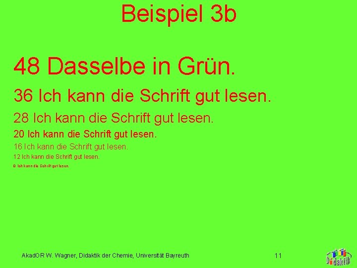 Beispiel 3 b 48 Dasselbe in Grün. 36 Ich kann die Schrift gut lesen. Beispiel 3 b 48 Dasselbe in Grün. 36 Ich kann die Schrift gut lesen.
