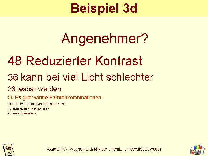 Beispiel 3 d Angenehmer? 48 Reduzierter Kontrast 36 kann bei viel Licht schlechter 28 Beispiel 3 d Angenehmer? 48 Reduzierter Kontrast 36 kann bei viel Licht schlechter 28