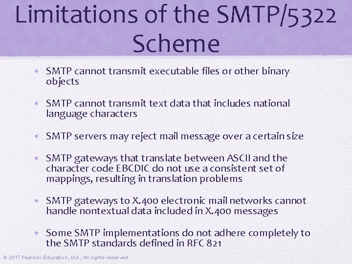 Limitations of the SMTP/5322 Scheme • SMTP cannot transmit executable files or other binary