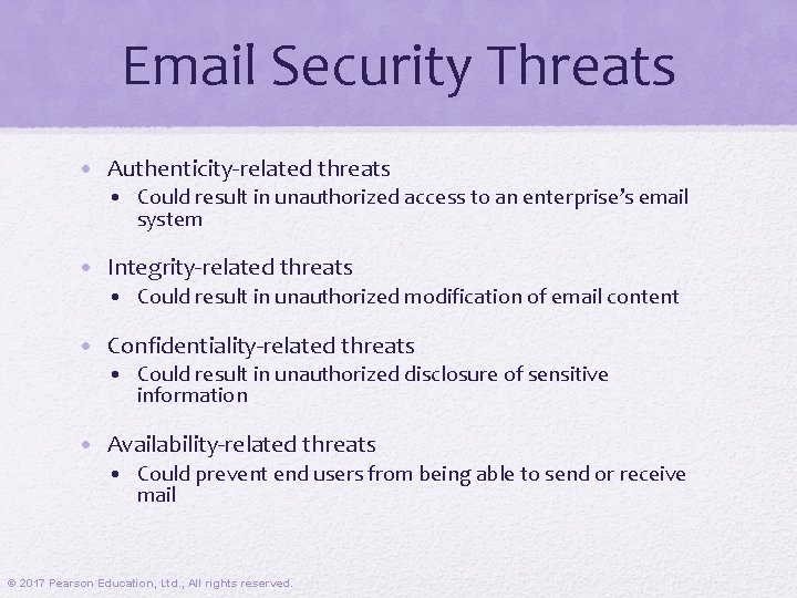 Email Security Threats • Authenticity-related threats • Could result in unauthorized access to an