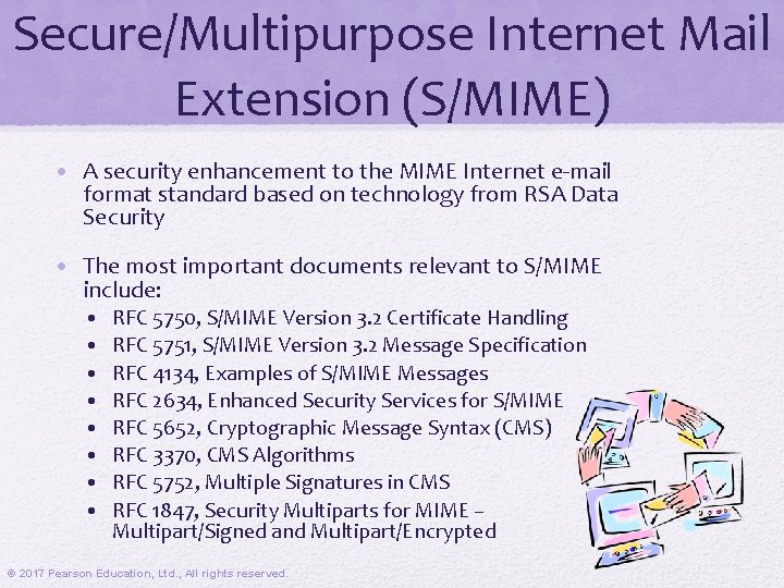Secure/Multipurpose Internet Mail Extension (S/MIME) • A security enhancement to the MIME Internet e-mail