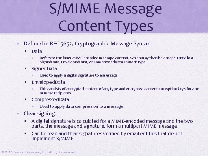 S/MIME Message Content Types • Defined in RFC 5652, Cryptographic Message Syntax • Data