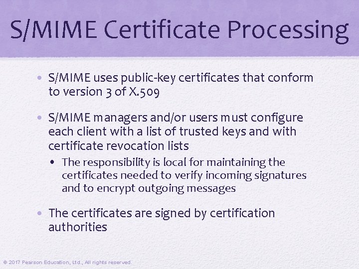 S/MIME Certificate Processing • S/MIME uses public-key certificates that conform to version 3 of