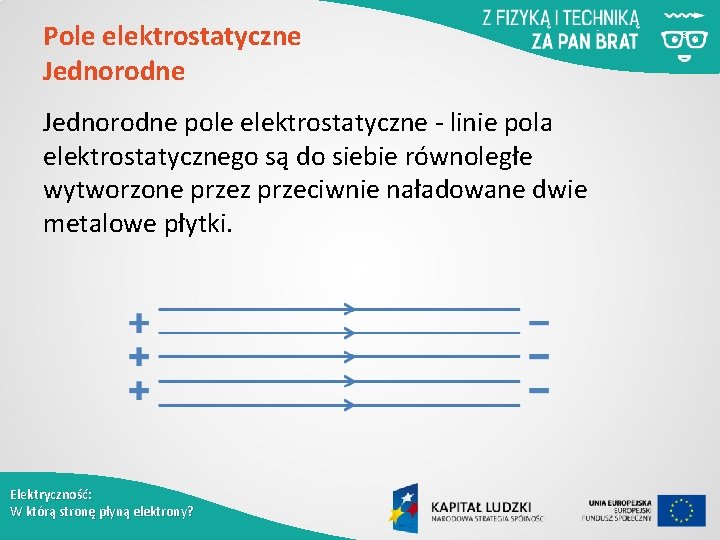 Pole elektrostatyczne Jednorodne pole elektrostatyczne - linie pola elektrostatycznego są do siebie równoległe wytworzone