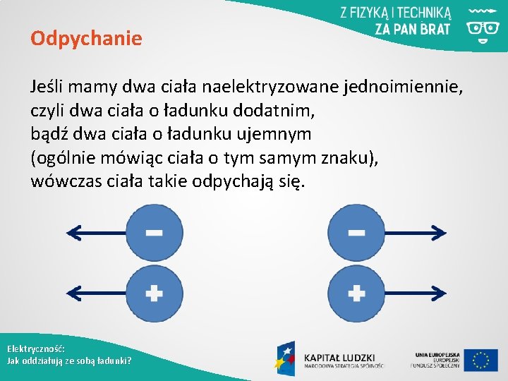 Odpychanie Jeśli mamy dwa ciała naelektryzowane jednoimiennie, czyli dwa ciała o ładunku dodatnim, bądź