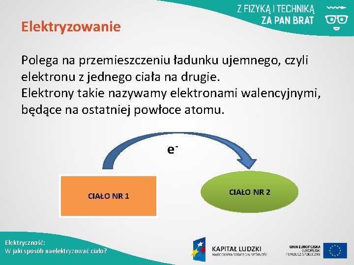 Elektryzowanie Polega na przemieszczeniu ładunku ujemnego, czyli elektronu z jednego ciała na drugie. Elektrony