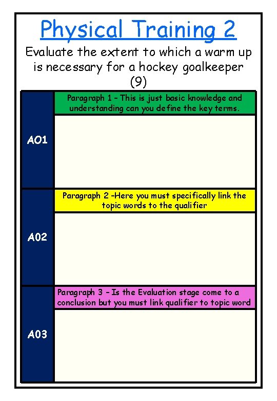 Physical Training 2 Evaluate the extent to which a warm up is necessary for