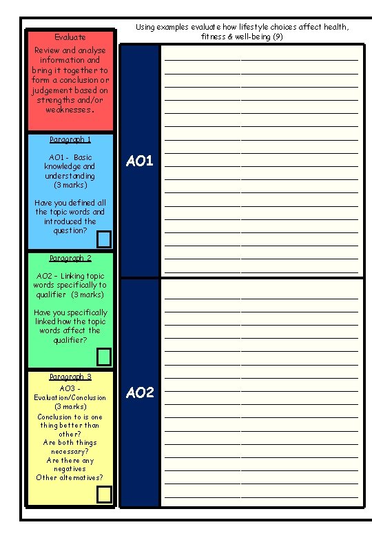 Evaluate Using examples evaluate how lifestyle choices affect health, fitness & well-being (9) Review