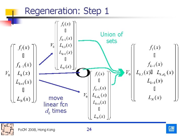 Regeneration: Step 1 Union of sets move linear fcn dk times Fo. CM 2008,